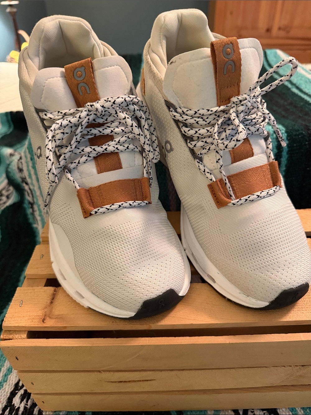 On Running Women’s White Sneakers with Tan Accents - Picture 4 of 9
